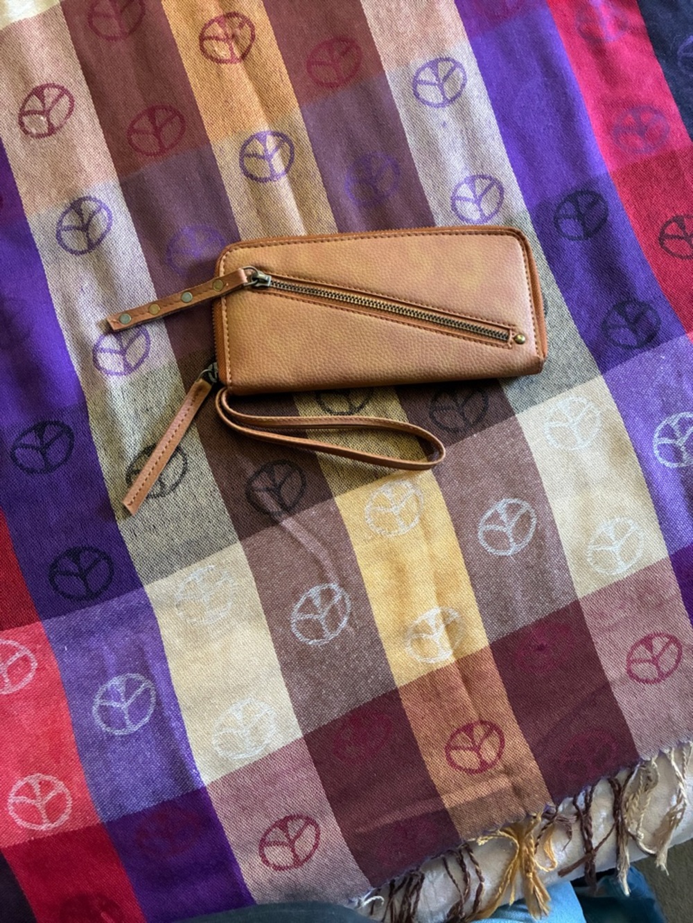 Free People Tan Leather Zip Wristlet Card Holder